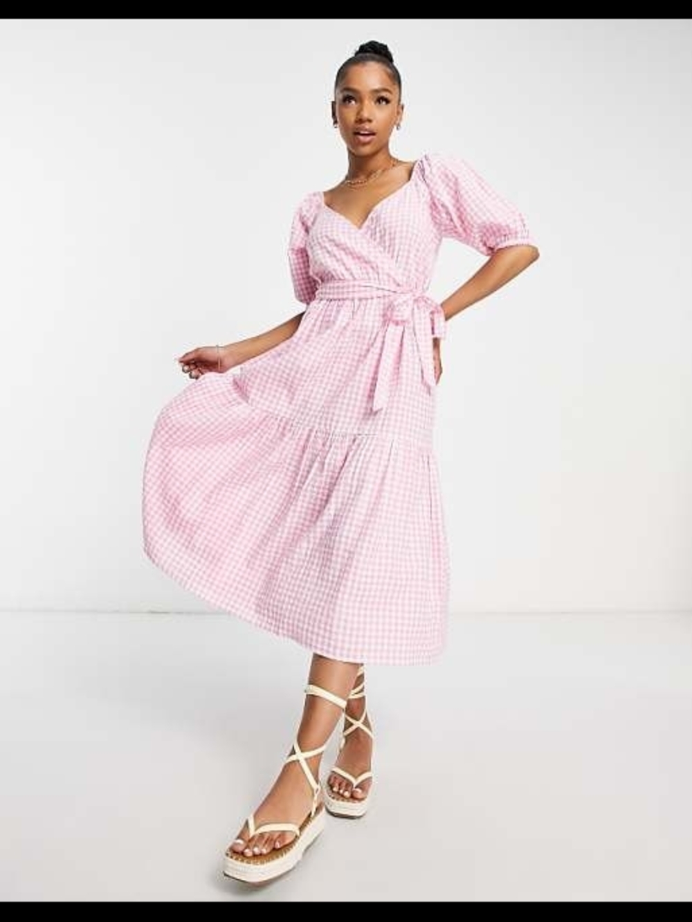 Pink Gingham Midi Wrap Dress
